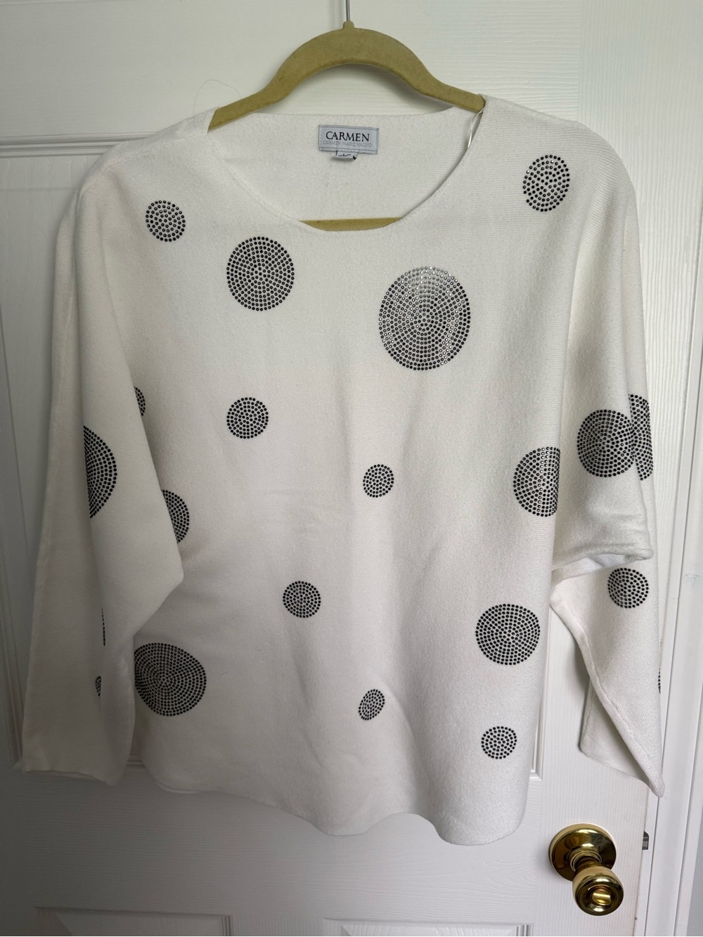 Carmen Marc Valvo White Long Sleeve Top with Black Dot Motif